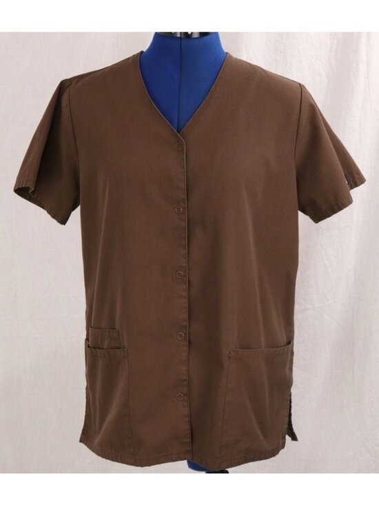 Cherokee Tops - Scrub Top Womens XS Brown Snap Front Lab Medical Gorpcore Workwear Layering VTG